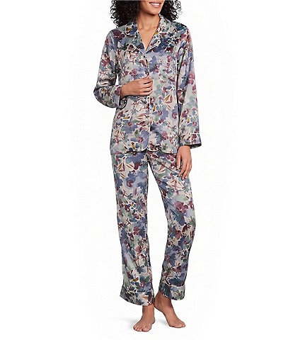 Cabernet Long Sleeve Notch Collar Satin Floral Print Long Pajama Set