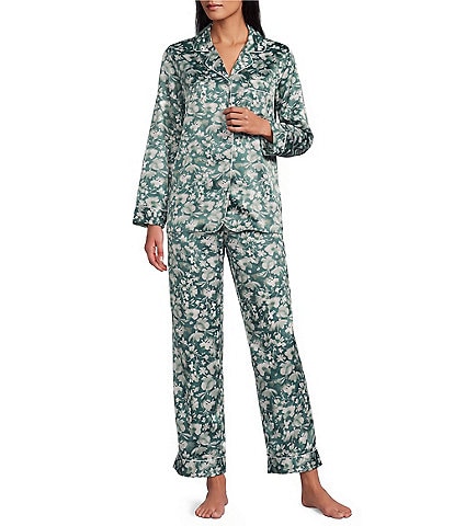 Cabernet Long Sleeve Notch Collar Satin Floral Print Long Pajama Set