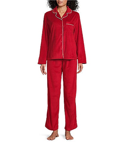 Cabernet Petite Size Long Sleeve Notch Collar Solid Fleece Holiday Pajama Set