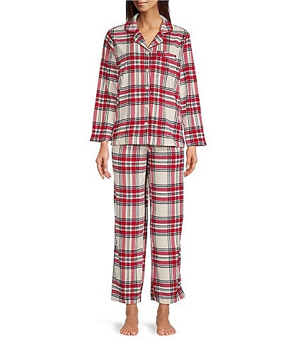 Cabernet Petite Size Plaid Print Long Sleeve Notch Collar Button Front Fleece Pajama Set