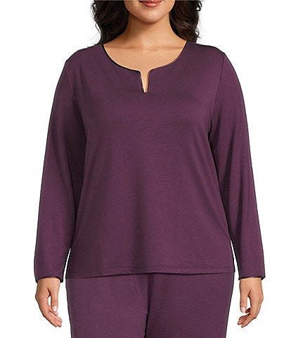 Cabernet Plus Size Solid French Terry Split Round Neck Long Sleeve Coordinating Sleep Top