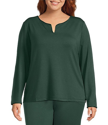 Cabernet Plus Size Solid French Terry Split Round Neck Long Sleeve Coordinating Sleep Top