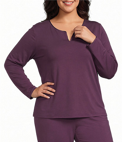 Cabernet Plus Size Solid French Terry Split Round Neck Long Sleeve Coordinating Sleep Top