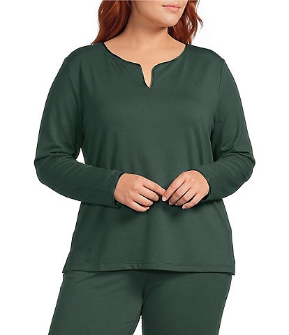 Cabernet Plus Size Solid French Terry Split Round Neck Long Sleeve Coordinating Sleep Top