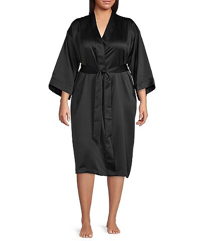Cabernet Plus Size Solid Satin 3/4 Sleeve Short Wrap Robe