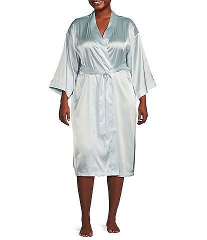 Cabernet Plus Size Woven Solid Satin Short Wrap Robe