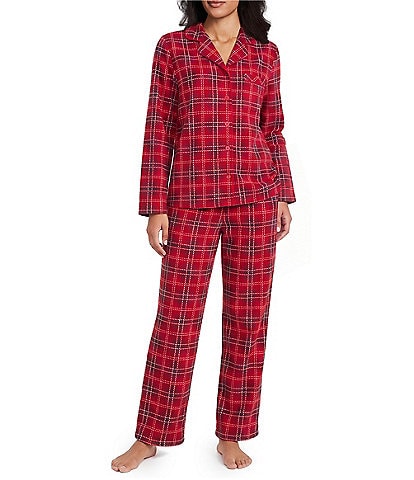 Cabernet Red Plaid Print Long Sleeve Notch Collar Fleece Long Pajama Set