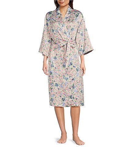 Cabernet Satin Ditsy Garden Print 3/4 Kimono Sleeve Coordinating Short Wrap Robe