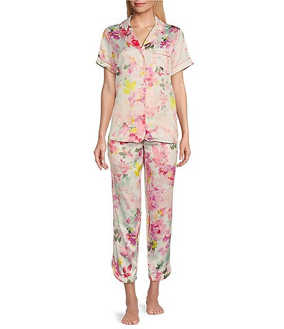 Cabernet Satin Floral Bouquet Print Short Sleeve Notch Collar & Pant Pajama Set