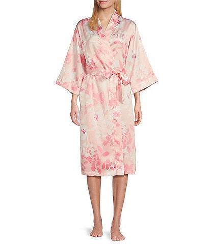 Cabernet Satin Floral Print 3/4 Kimono Sleeve Coordinating Short Wrap Robe