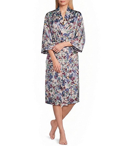 Cabernet Satin Floral Print 3/4 Sleeve Coordinating Short Wrap Robe