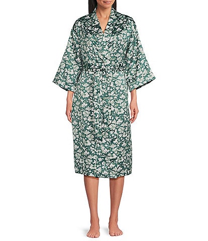 Cabernet Satin Floral Print 3/4 Sleeve Coordinating Wrap Robe