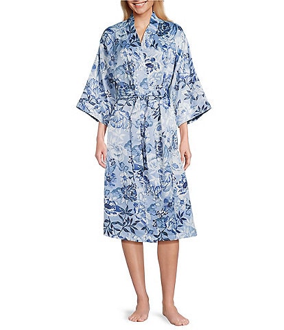 Cabernet Satin Floral Print 3/4 Sleeve Coordinating Wrap Robe