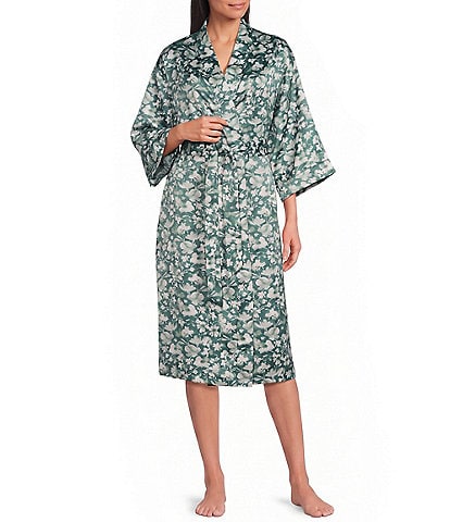 Cabernet Satin Floral Print 3/4 Sleeve Coordinating Wrap Robe