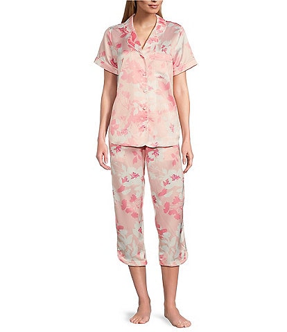Cabernet Satin Floral Print Satin Woven Top & Capri Coordinating Pajama Set
