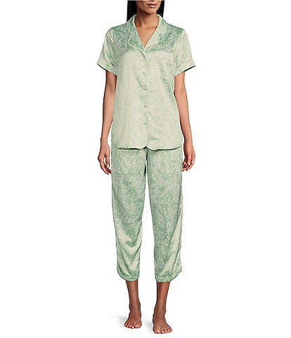 Cabernet Satin Floral Print Short Sleeve Notch Collar & Pant Pajama Set