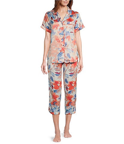Cabernet Satin Floral Short Sleeve Notch Collar Capri Pajama Set