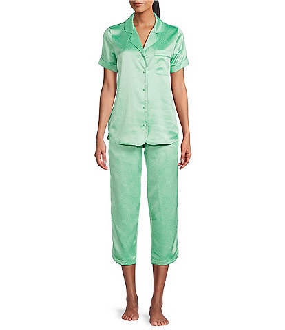 Cabernet Satin Leafy Print Short Sleeve Notch Collar Capri Pajama Set