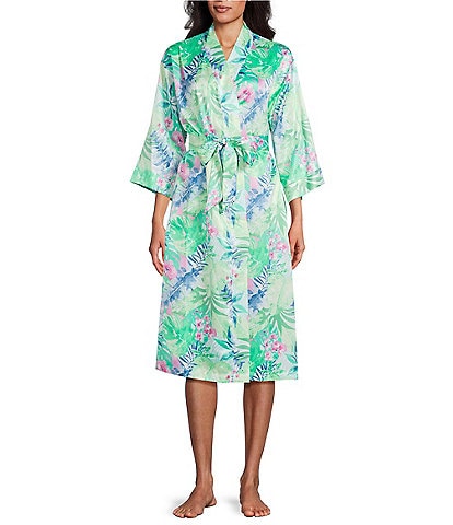 Cabernet Satin Tropical Print 3/4 Sleeve Coordinating Wrap Robe