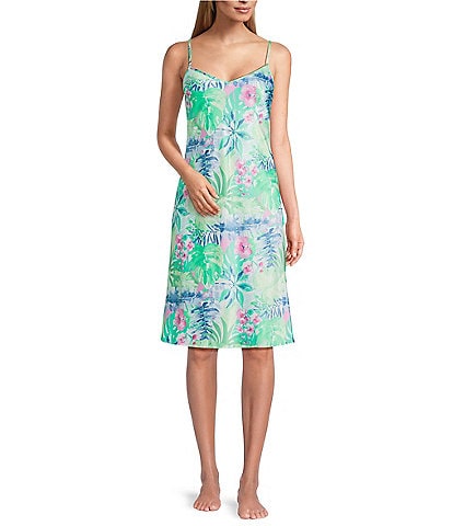 Cabernet Satin Tropical Print Sleeveless V-Neck Chemise