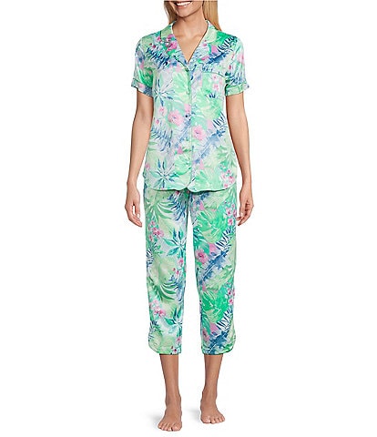 Cabernet Satin Tropical Short Sleeve Notch Collar Capri Pajama Set