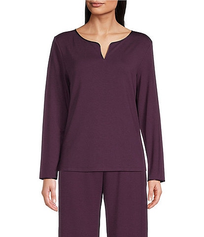 Cabernet Solid French Terry Split Round Neck Long Sleeve Coordinating Sleep Top