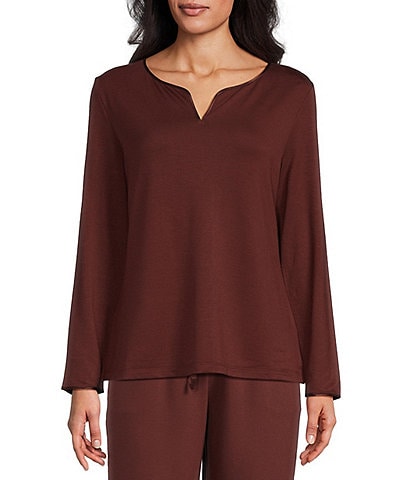 Cabernet Solid French Terry Split Round Neck Long Sleeve Coordinating Sleep Top