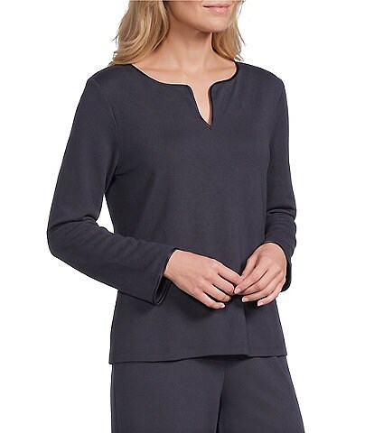 Cabernet Solid French Terry Split Round Neck Long Sleeve Coordinating Sleep Top
