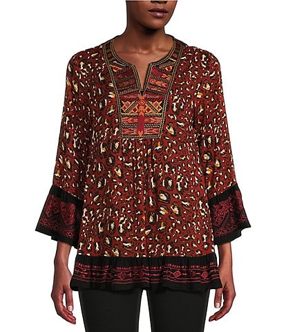 Calessa Abstract Animal Print Embroidered Split V-Neck 3/4 Ruffled Cuff Sleeve Tunic