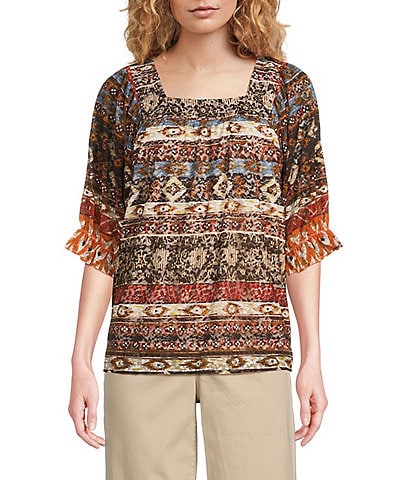 Calessa Abstract Border Print Square Neck Elbow Sleeve Mesh Knit Tunic