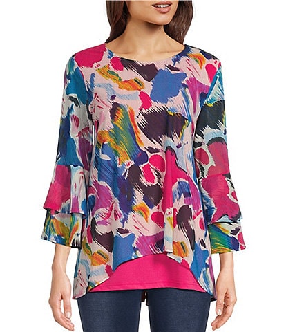 Calessa Abstract Brushstroke Print Mesh Knit Boat Neck 3/4 Ruffle Sleeve High-Low Overlay Tunic