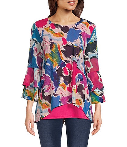 Calessa Abstract Brushstroke Print Mesh Knit Boat Neck 3/4 Ruffle Sleeve High-Low Overlay Tunic