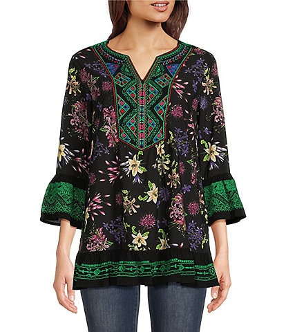 Calessa Abstract Floral Print Split V-Neck 3/4 Bell Sleeve Embroidered Tunic