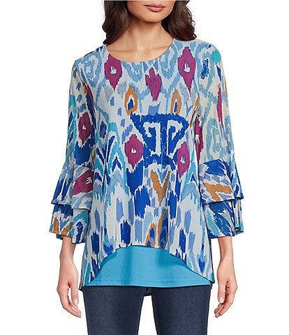Calessa Abstract Foulard Print Mesh Knit Scoop Neck 3/4 Sleeve High-Low Tunic