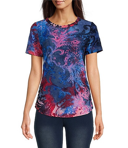 Calessa Abstract Paisley Tie Dye Print Jacquard Burnout Knit Crew Neck Short Sleeve Shirt