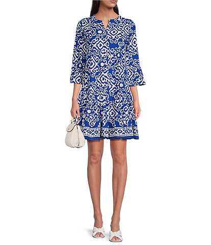 Calessa Abstract Print Banded Collar Split Neck 3/4 Sleeve Button Front Shirt Dress
