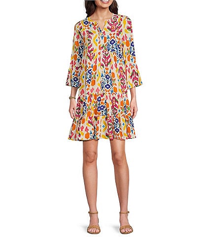 Calessa Abstract Print Banded Split V-Neck Button Front 3/4 Sleeve Straight Hem Dress