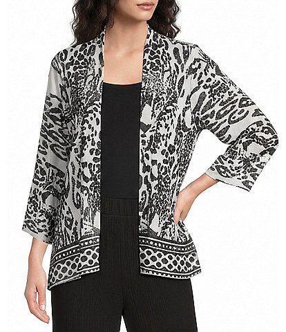 Calessa Animal Burnout Tie-Dye Draped Open Front Wrist Length Sleeve Cardigan