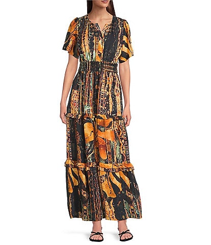 Calessa Autumn Floral V-Neck Cap Flutter Sleeves Tiered Smocked Belt Maxi Dress