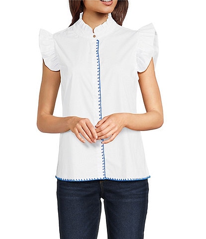 Calessa Banded Collar Ruffle Cap Sleeve Embroidered Contrast Trim Top
