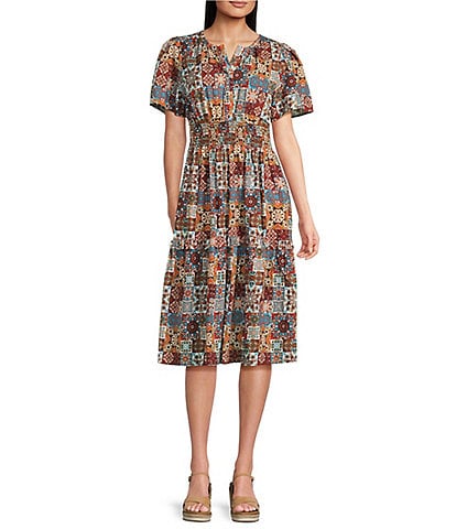 Calessa Blue Multi Patchwork Split V-Neck Flutter Cap Sleeve Tiered A-Line Midi Dress