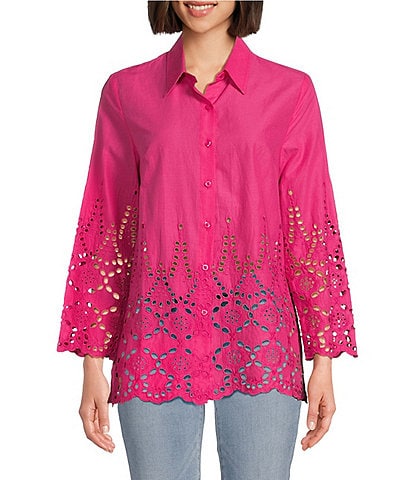 Calessa Border Embroidered Button Front Long Sleeve Top