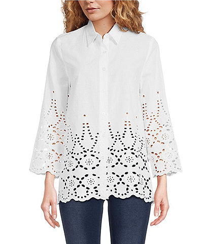 Calessa Border Embroidered Point Collar 3/4 Sleeve Button Front Shirt