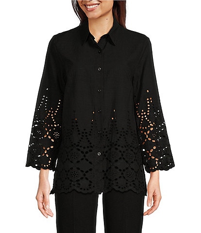 Calessa Border Embroidered Point Collar Bracelet Sleeve Button Front Shirt