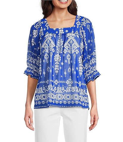 Calessa Border Mesh Knit Printed Square Neck Elbow Sleeve Tunic