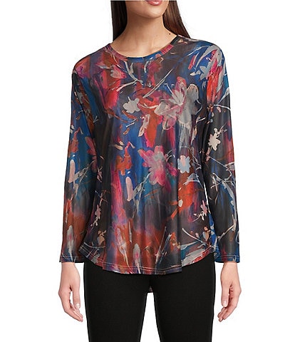 Calessa Brush Stroke Stretch Mesh Crew Neck Long Sleeve Tunic