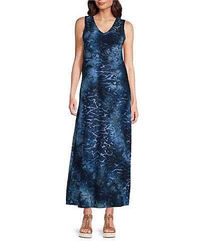 Calessa Burnout Knit Tie-Dye Print V-Neck Sleeveless Maxi Dress