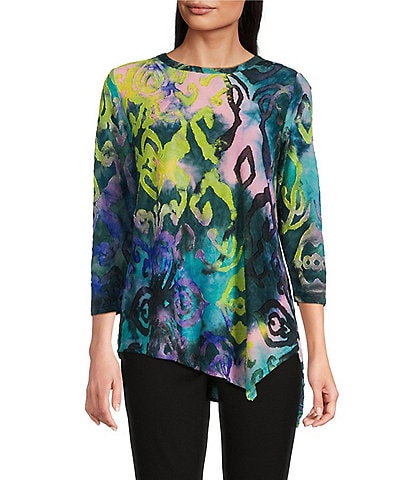 Calessa Burnout Tie-Dye Printed Stretch Crew Neck 3/4 Sleeve Asymmetric Hem Tunic