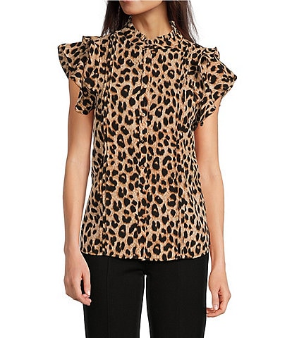 Calessa Cheetah Print Flutter Cap Sleeve Top