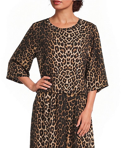 Calessa Coordinating Leopard Round Neck Short Sleeve Top